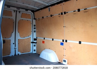 Vinnytsia, Ukraine; October 21, 2021. Mercedes Sprinter Cargo Van Open Trunk. Mercedes Sprinter Trunk. Mercedes Sprinter Trunk Trim.