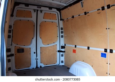 Vinnytsia, Ukraine; October 21, 2021. Mercedes Sprinter Cargo Van Open Trunk. Mercedes Sprinter Trunk. Mercedes Sprinter Trunk Trim.