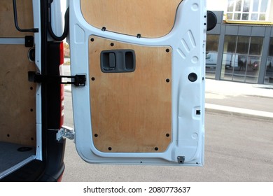 Vinnytsia, Ukraine; October 21, 2021. Mercedes Sprinter Cargo Van Open Door Trunk. Mercedes Sprinter Trunk. Mercedes Sprinter Door Trunk Trim.