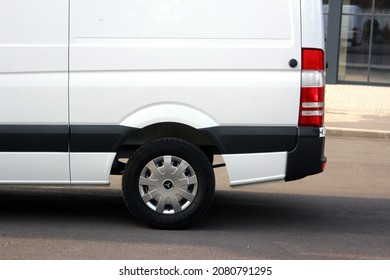 Vinnytsia, Ukraine; October 21, 2021. White Mercedes Sprinter 316 Cargo Van Back Of The Car. Mercedes Sprinter Rear Wheel.