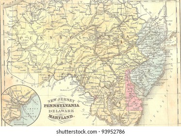 Vintage 1891 Map Of New Jersey, Delaware And Pennsylvania; Out Of Copyright From Old Atlas Of The World