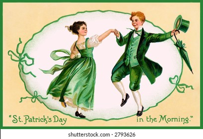 A vintage 1909 illustration of an Irish couple dancing - 'St Patrick's Day in the Morning'