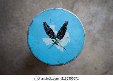 Vintage 1950's Texas Collectible Fruitcake Tin Top. Blue Tin Lid With Texas Shape Overlaid With Flowers.