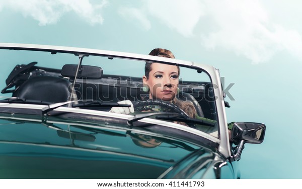 Vintage 1960s Woman Driving Convertible Car Stock Photo (Edit Now ...