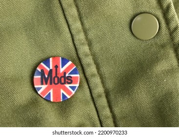 Vintage 1980s Mods Pin Badge Red White And Blue Enamel Great Britain
On A Green Jacket Coat Worn By Music Fan Room For Copt Text