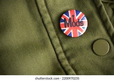 Vintage 1980s Mods Pin Badge Red White And Blue Enamel Great Britain
On A Green Jacket Coat Worn By Music Fan Room For Copt Text