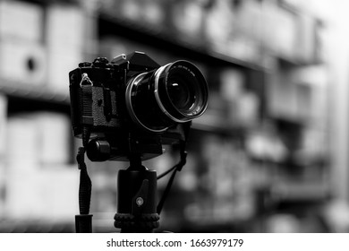 Vintage 35mm film camera in Black and White.  - Shutterstock ID 1663979179