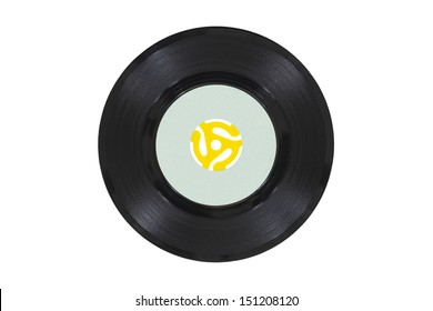 Vintage 45 rpm vinyl phonograph with yellow record player adapter.  