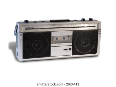 Vintage 80's Boom Box Stereo Isolated On White With Shadows. Clipping Path Included (no Shadow)