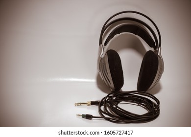 Vintage 80s old headphones on a white background