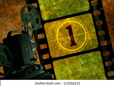 Vintage 8mm film projector with reels, colorful background with grunge textured film frames and a number one in countdown - Powered by Shutterstock