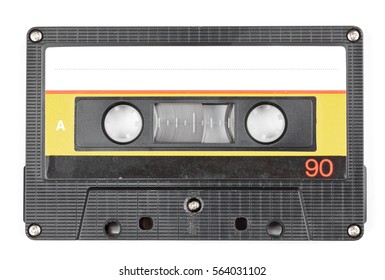 Vintage 90 minutes black compact cassette on white background