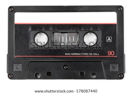 Vintage 90 minutes black compact cassette on white background