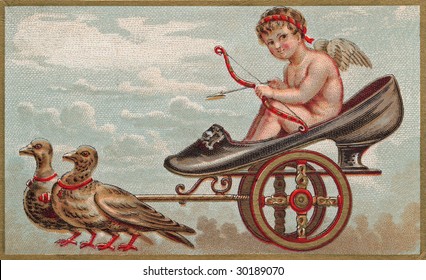 Vintage Advertising Card Illustration - Cupid Pulled in a Shoe Cart