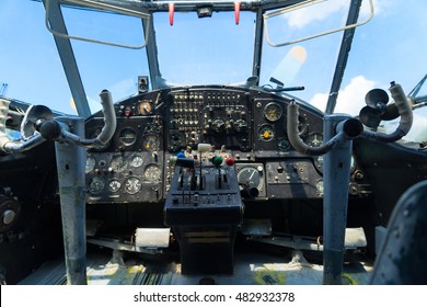 Vintage Airplane Dashboard, Shallow Focus On Leverers