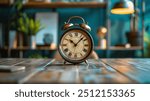 vintage alarm clock placed on a wooden table with a blurred background of shelves and plants.
