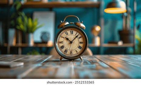 vintage alarm clock placed on a wooden table with a blurred background of shelves and plants.
 - Powered by Shutterstock