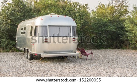 Vintage American mobile home on a camping site in the Netherlands