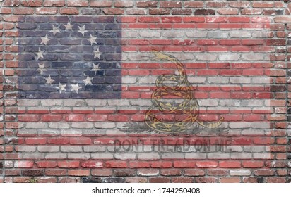 vintage american revolutionary flag with don't tread on me snake painted on old brick wall