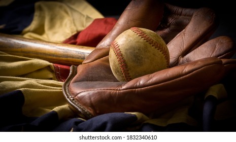 Vintage, Antique Baseball Equipment On American Flag Bunting