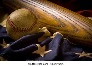 Vintage, Antique Baseball Equipment On American Flag Bunting