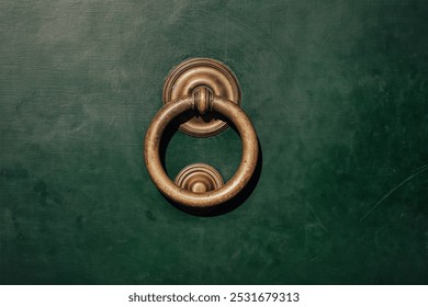 Vintage antique brass door knocker as a ring on the old dark green wooden door. Decorative element on weathered wood surface. Architecture in Italy . Details of entrance. - Powered by Shutterstock