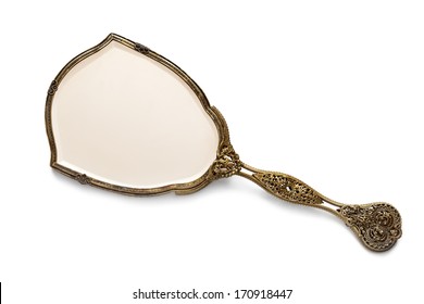 Vintage Antique Gilded Hand Mirror, Isolated On White Background.