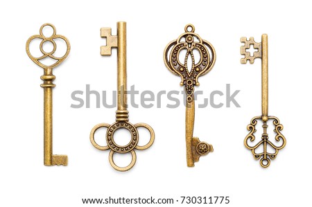 Vintage Antique Old Keys Isolated on a White Background.