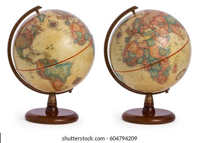 vintage / antique / retro terrestrial globe showing both sides of the world - America and Europe as well as the African continent, isolated on a white background