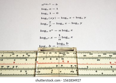 Vintage antique slide rule, logarithmic scale and formulas for calculations. Copy space.