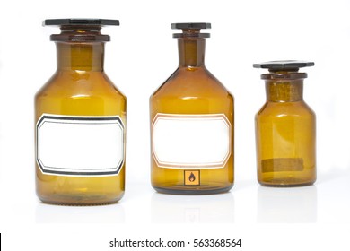 Vintage Apothecary Bottles With Label On White Background