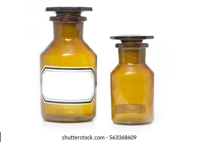 Vintage Apothecary Bottles With Label On White Background