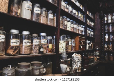 Vintage apothecary interior with glass jars filled with authentic ingredients lining antique shelves