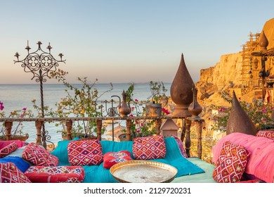Vintage Arabic oriental cafe. Place to relax on beach Ras Umm El Sid of Red Sea. Sharm El Sheikh, Egypt. High quality photo