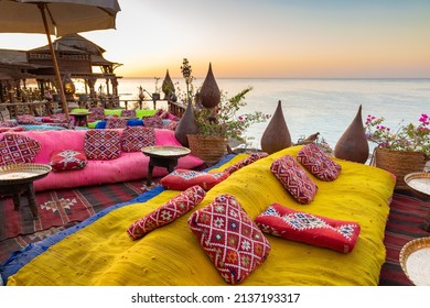 Vintage Arabic oriental cafe. Place to relax on beach Ras Umm El Sid of Red Sea. Sharm El Sheikh, Egypt. High quality photo - Shutterstock ID 2137193317