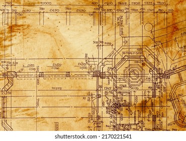 Vintage Architectural Drawing, On Grunge Paper With Some Stains
