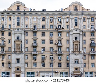 Vintage Architecture Classical Facade Old Residential Building In Soviet Stalin Empire Style Front View Isolated On White