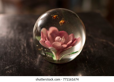 Vintage Artistic Resin Globe With Pink Water Lily And Two Bees „trapped” Within (antique)