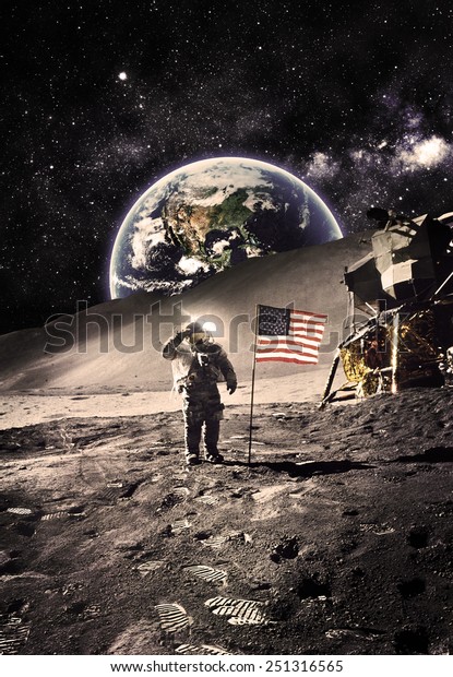 Vintage  -Astronaut with Flag On the\
Moon - Elements of this Image Furnished by\
NASA