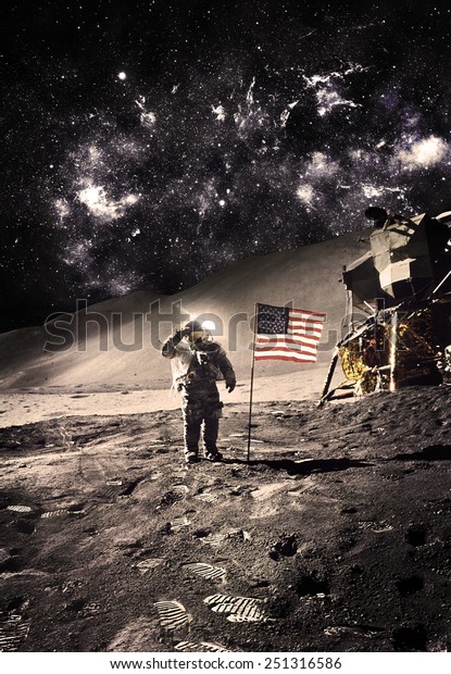 Vintage - Astronaut with Flag On the\
Moon - Elements of this Image Furnished by\
NASA