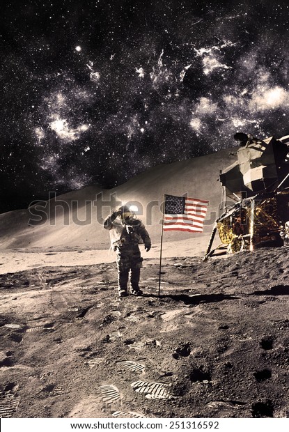 Vintage  - Astronaut with Flag On the\
Moon - Elements of this Image Furnished by\
NASA