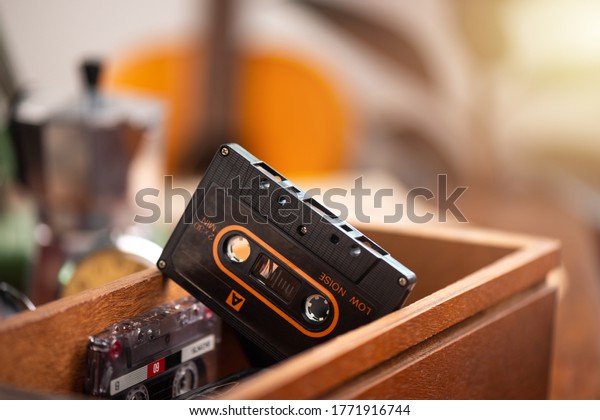 The vintage audio cassette tape,\
analog magnetic tape format for audio recording and\
playback.