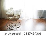 Vintage Baby Carriage in Sunlit Room with Wooden Floor and Lacy Curtains