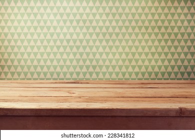 Vintage Background With Empty Wooden Table Over Wallpaper