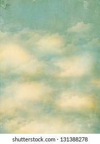 Vintage Background - Grungy Textured Sky Postcard With Fluffy White Clouds