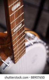 Vintage banjo for sale at a market in London. Selective focus on strings.