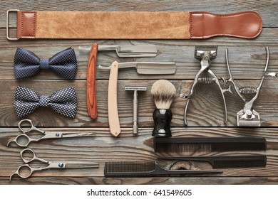 Vintage Barber Shop Tools On Old Wooden Background