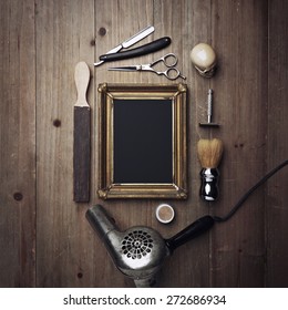 Vintage Barber Tools And Black Poster With A Frame