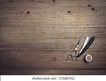 Vintage Barber Tools On Wood Background