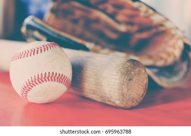 Vintage Baseball Image With Old Glove, Beside Wood Bat And White Ball.  Hardball Player Graphics Of Baseball Fan Print.